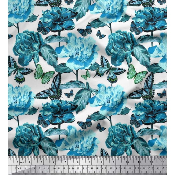 Soimoi Cotton Jersey Fabric Leaves,Butterfly & Peony Floral Printed Fabric 1 Yard 58 Inch Wide