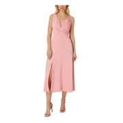 AIDAN AIDAN MATTOX Womens Pink Zippered Pleated Slit Front Pocketed Lined Sleeveless Surplice Neckline Midi Party Fit + Flare Dress 2