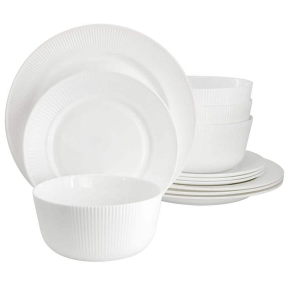 Swanton Stripe 12 Piece Break-Resistant Opal Glass Dinnerware Set in White