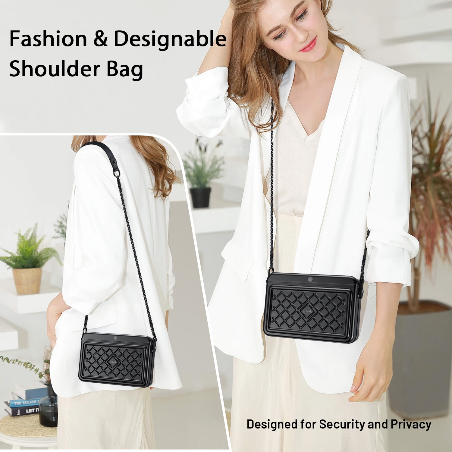 iDiskk MFi Certified 2-in-1 Security Lockable Crossbody Bag with Fingerprints Lock for Women, Shoulder Bag Anti-Theft with Fingerprint & Password Unlocking Built-in 8000mAh 1-Pack Black