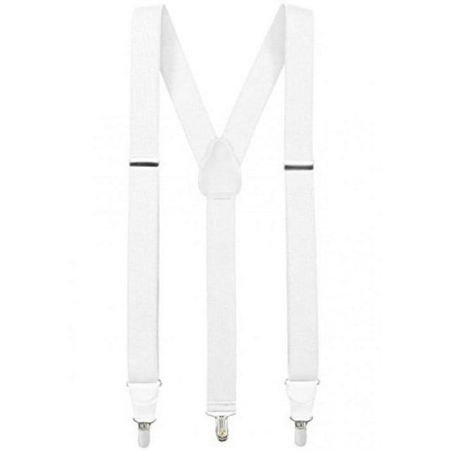 Bretelles pour Hommes Élastiques à Dos en Y Ajustables à Clip avec Garniture en Cuir - Blanc (Grand, 54 Pouces de Long)