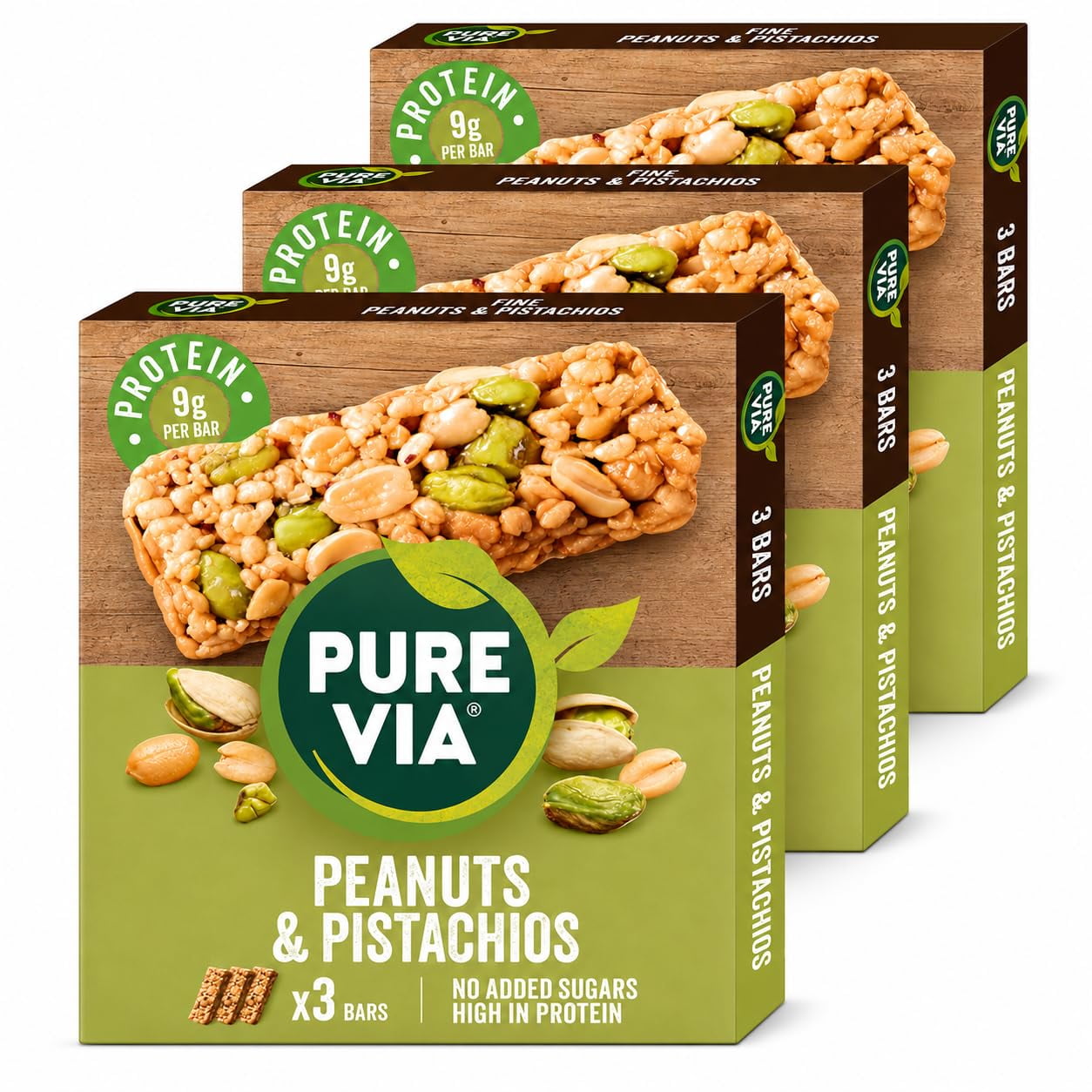 Pure Via Peanut & Pistachio Cereal Bars – High in Fiber and Protein – Gluten-Free and No Added Sugar | 9 x 35g