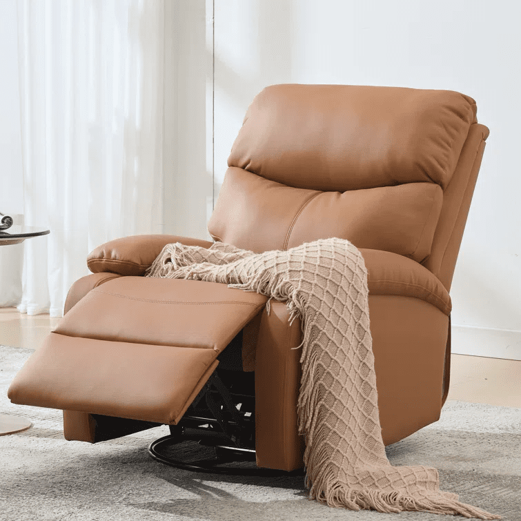 Set of 2 Khaki Small Genuine Leather Recliners with 360° Swivel & Rocking Motion, Modern Space-Saving Chairs for Home & RV