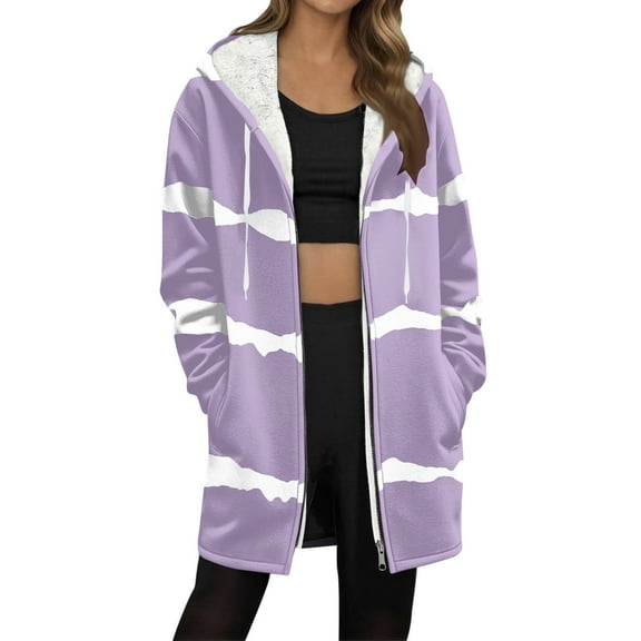 Women Base Zip up Fleece Hoodie Jacket, Stripe Color Block Tops with Pockets, Gradien Thermal Fuzzy Outerwear