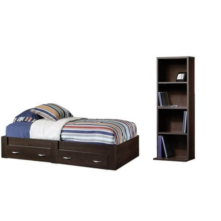 2 Piece Kids Bedroom Set with Twin Platform Bed and Bookcase in Cinnamon