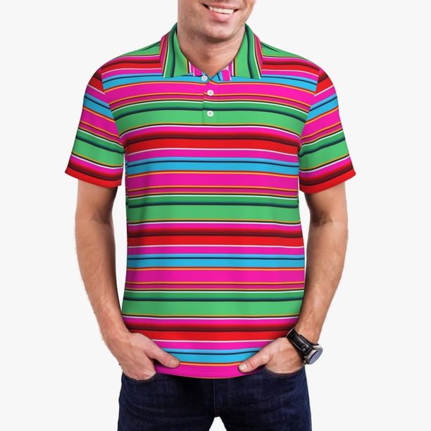 Fotbe Colorful Mexican Stripes Camiseta Polo de Golf para Hombre con Estampado – Camisa Deportiva Transpirable con Cuello Abotonado-Large
