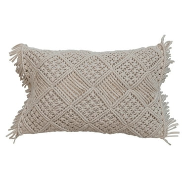 Creative Co-Op Boho Handwoven Cotton Macramé Lumbar Pillow with Fringe, Ivory