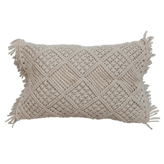Creative Co-Op Boho Handwoven Cotton Macramé Lumbar Pillow with Fringe, Ivory