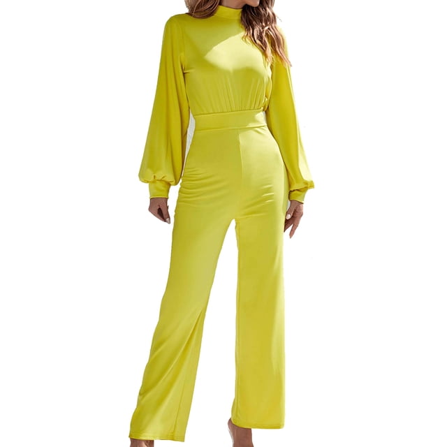 Timegard Jumpsuits for Women Half Neck Long Sleeve Straight Leg Comfy Rompers Casual Solid Color Clothing