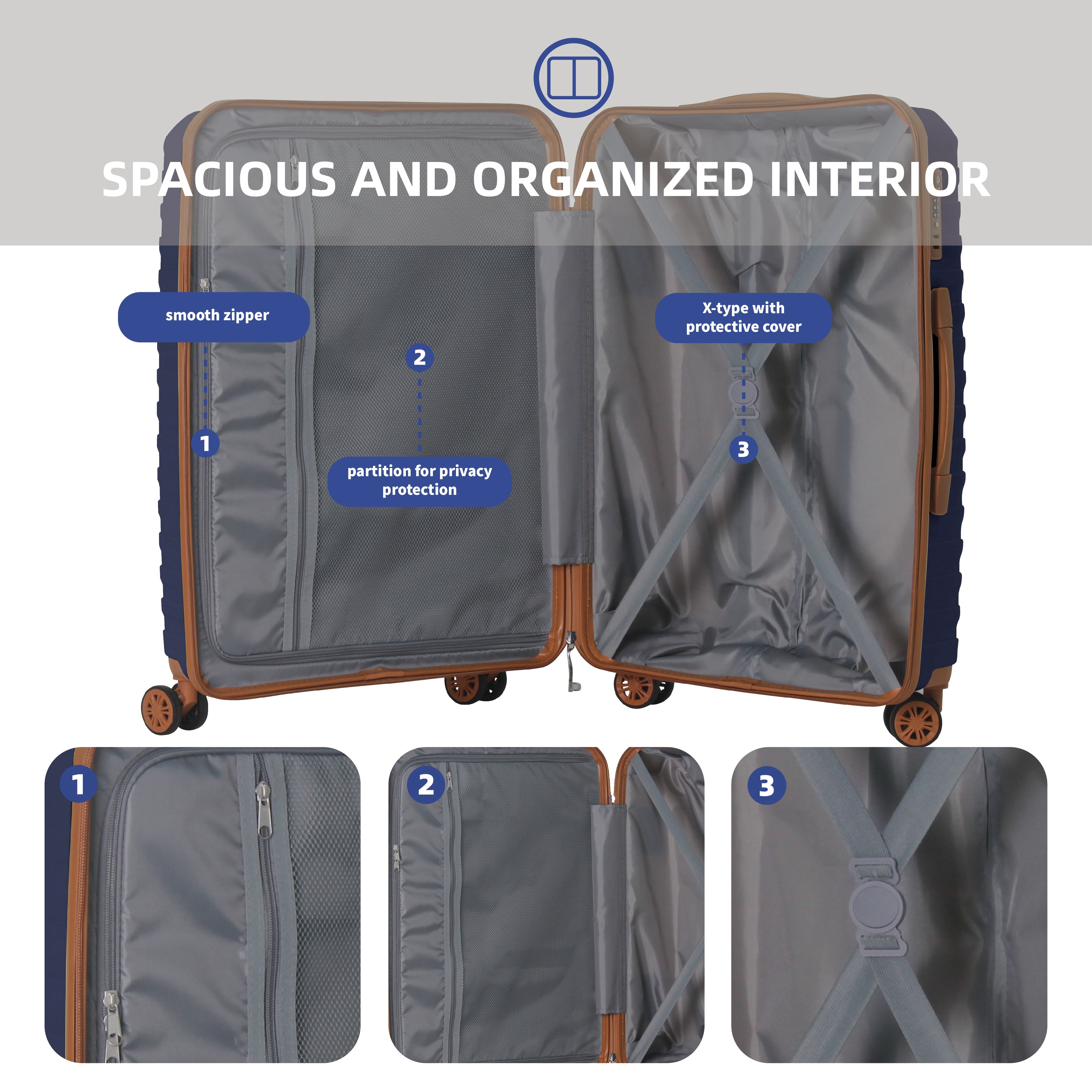MAYEERTY 3-Piece Luggage Set, Polypropylene Hardshell Suitcase with Spinner Wheels & TSA Lock, Navy Blue