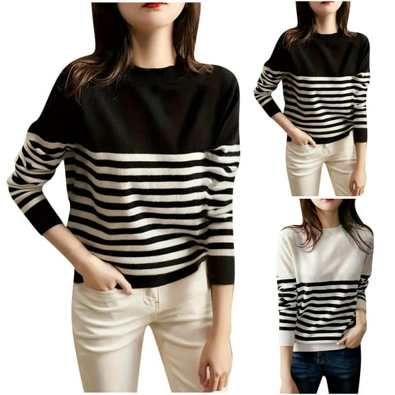 Ashirexll Sweaters for Women Trendy, Pullover Sweaters for Women, Womens Black White Twill Stripe Round Neck Long Sleeve Knit Pullover Sweater Casual