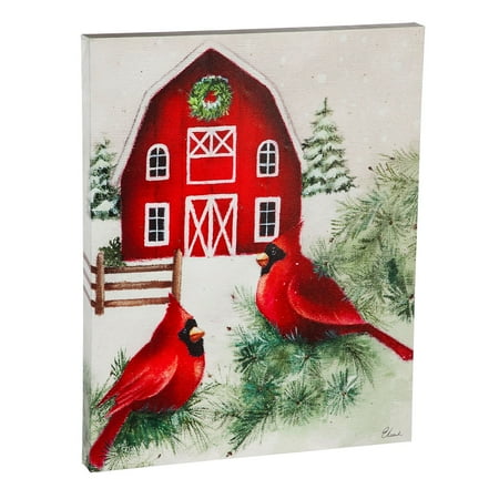 Evergreen Beautiful Christmas Cardinals with Farmhouse LED Canvas Wall Decor - 16 x 2 x 20 Inches Indoor/Outdoor Decoration
