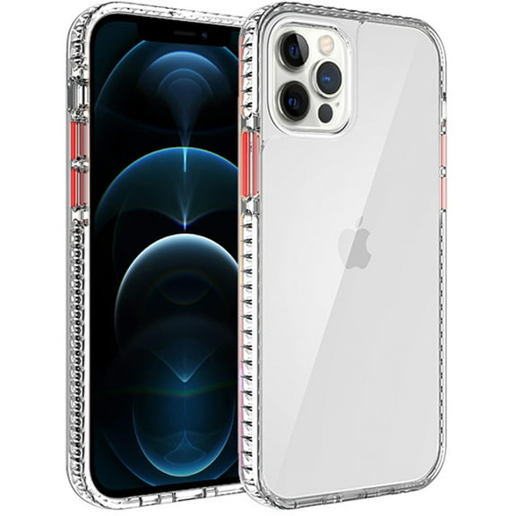For Apple iPhone 13 Pro (6.1") Crystal Transparent Rugged Shockproof Hybrid PC TPU Colorful Buttons Military Grade Protection Cover ,Xpm Phone Case [Clear Red]