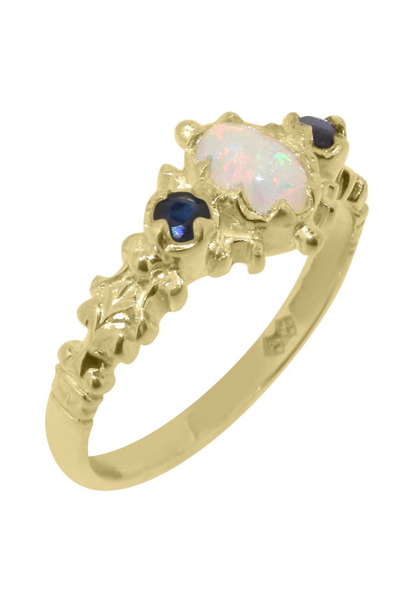 LBG British Made 10k Yellow Gold Natural Opal & Sapphire Womens Anniversary Ring - 33 size options - Size 10
