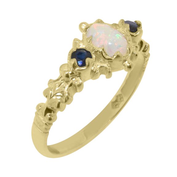 LBG British Made 14k Yellow Gold Natural Opal & Sapphire Womens Anniversary Ring - 33 size options - Size 10
