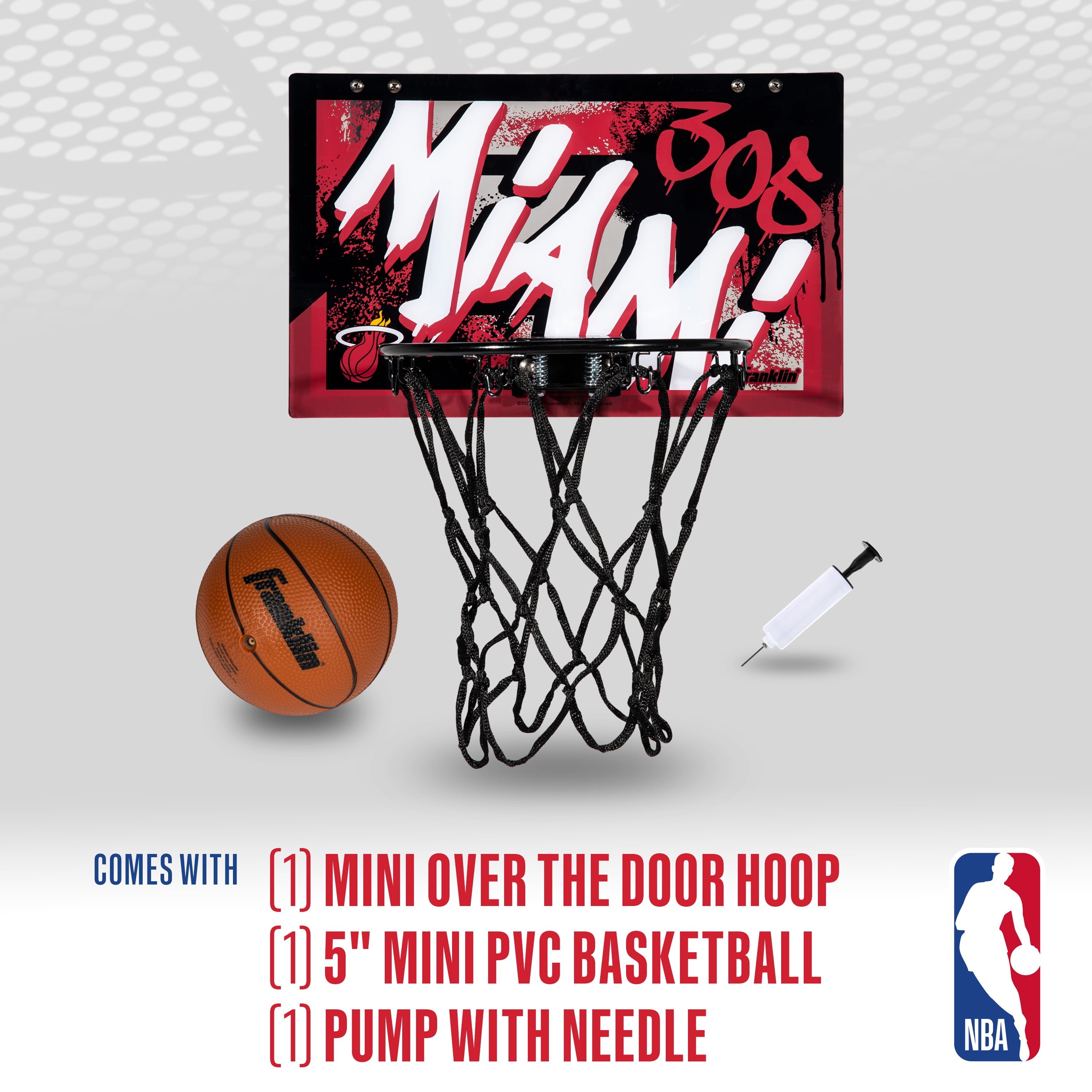 Franklin Sports NBA Miami Heat Over the Door Basketball Hoop - Kids Indoor Basketball Hoop with Mini Basketball - NBA Fan Shop Mini Hoop for Bedroom + Office - Over the Door Mini Hoop Set