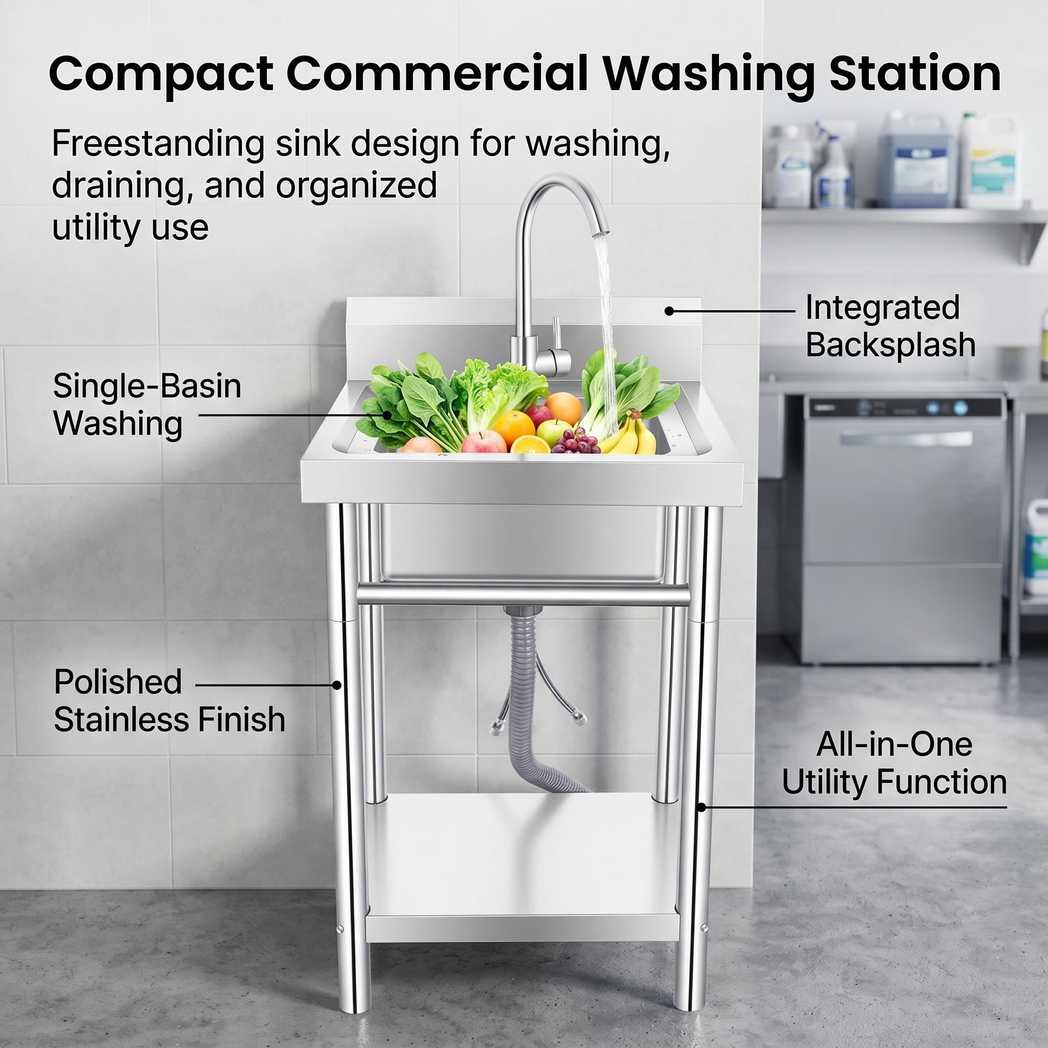 Freestanding Stainless Steel Single Bowl Laundry Sink, Brushed Finish Deep Basin with Backsplash, Hot Cold Water Faucet and Storage Shelf, Heavy Duty for Laundry Room and Garage Use