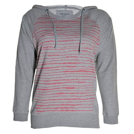 DKNY Jeans Womens Relaxed Fit Long Waisted Hoodie - Gray & Red (Large)