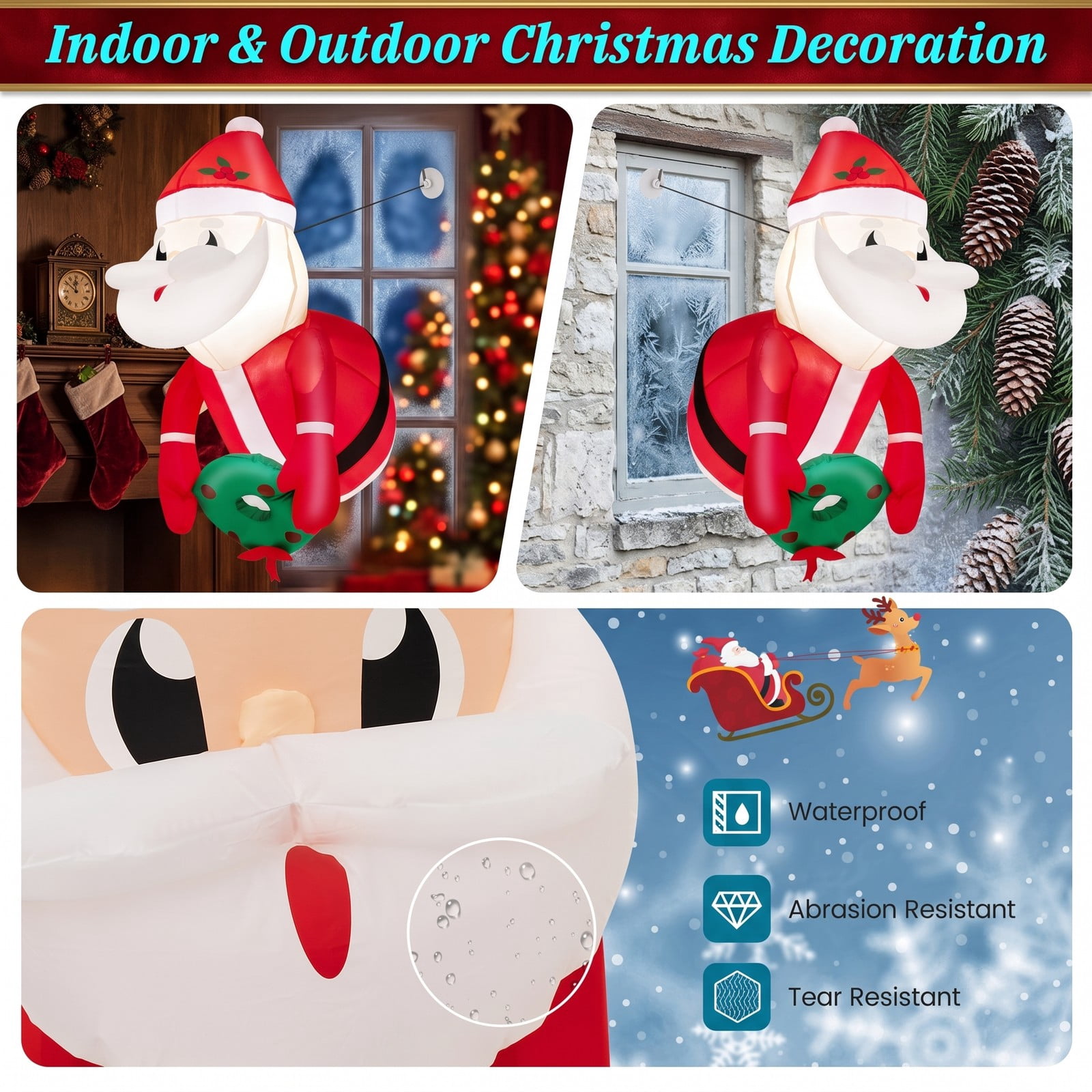 RUIE 3.3 FT Lighted Christmas Inflatable Santa Claus Broke Out from Window LED Blow Up Holiday Yard Decoration Indoor Outdoor Xmas Decor, Red