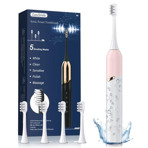 OasiSmile Sonic Electric Toothbrush for Adults, 50000 VPM Deep Clean 5 Modes 100-Day Battery Rechargeable Travel Toothbrush with 4 Brush Heads, Pink
