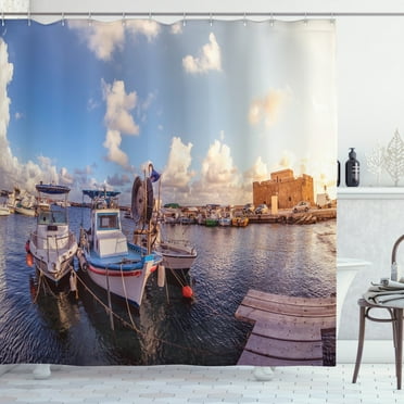 Cyprus Shower Curtain, Medieval Castle of Paphos at Sunset and Fishing Boats at Marina on Foreground, Fabric Bathroom Set with Hooks, 69W X 84L Inches Extra Long, Multicolor, by Ambesonne
