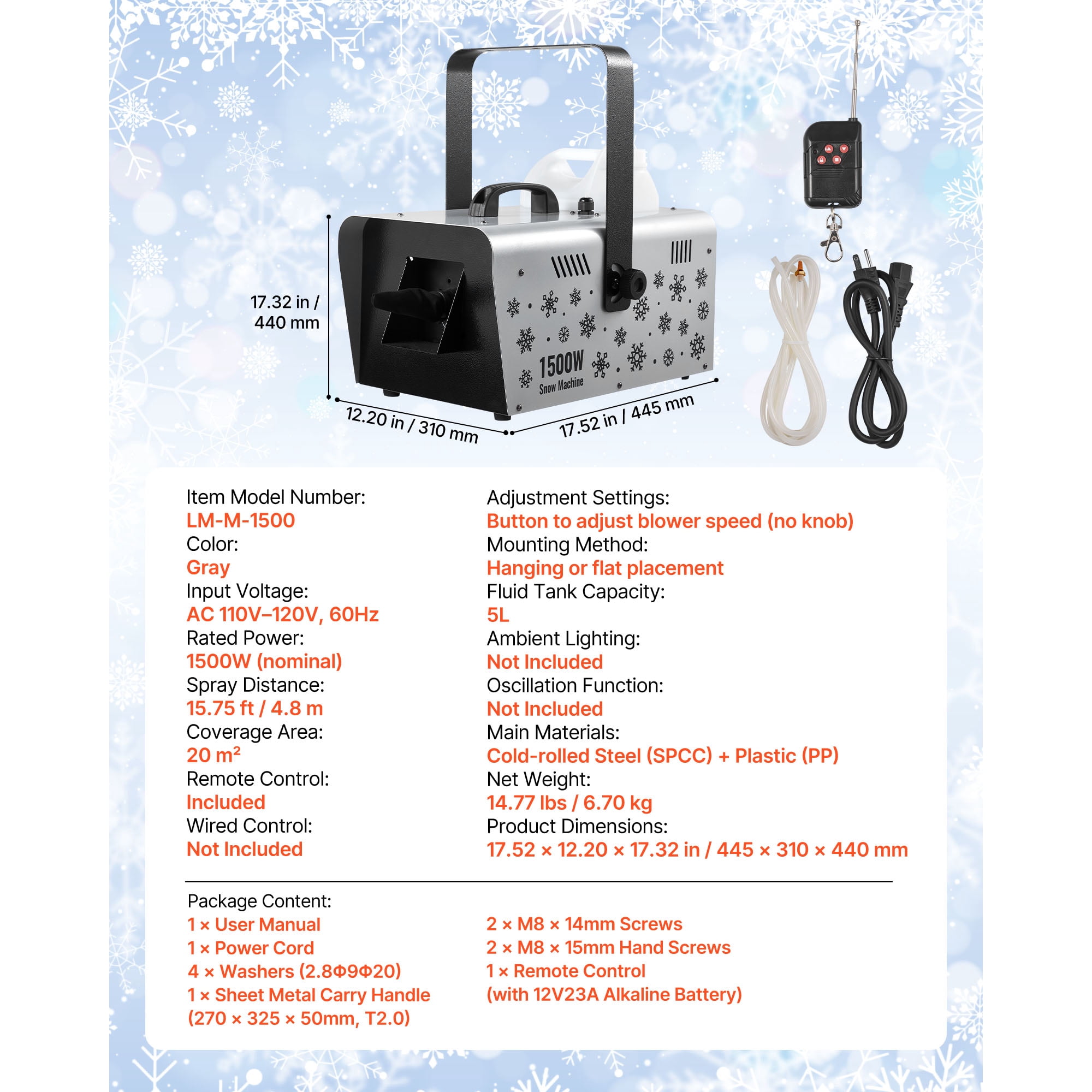 KFFKFF 1500W Snow Machine Snowmaker Machine for Events & Parties SPCC Cold‑Rolled Steel PP 5L Large Tank, 17.52x12.20x17.32 in Black