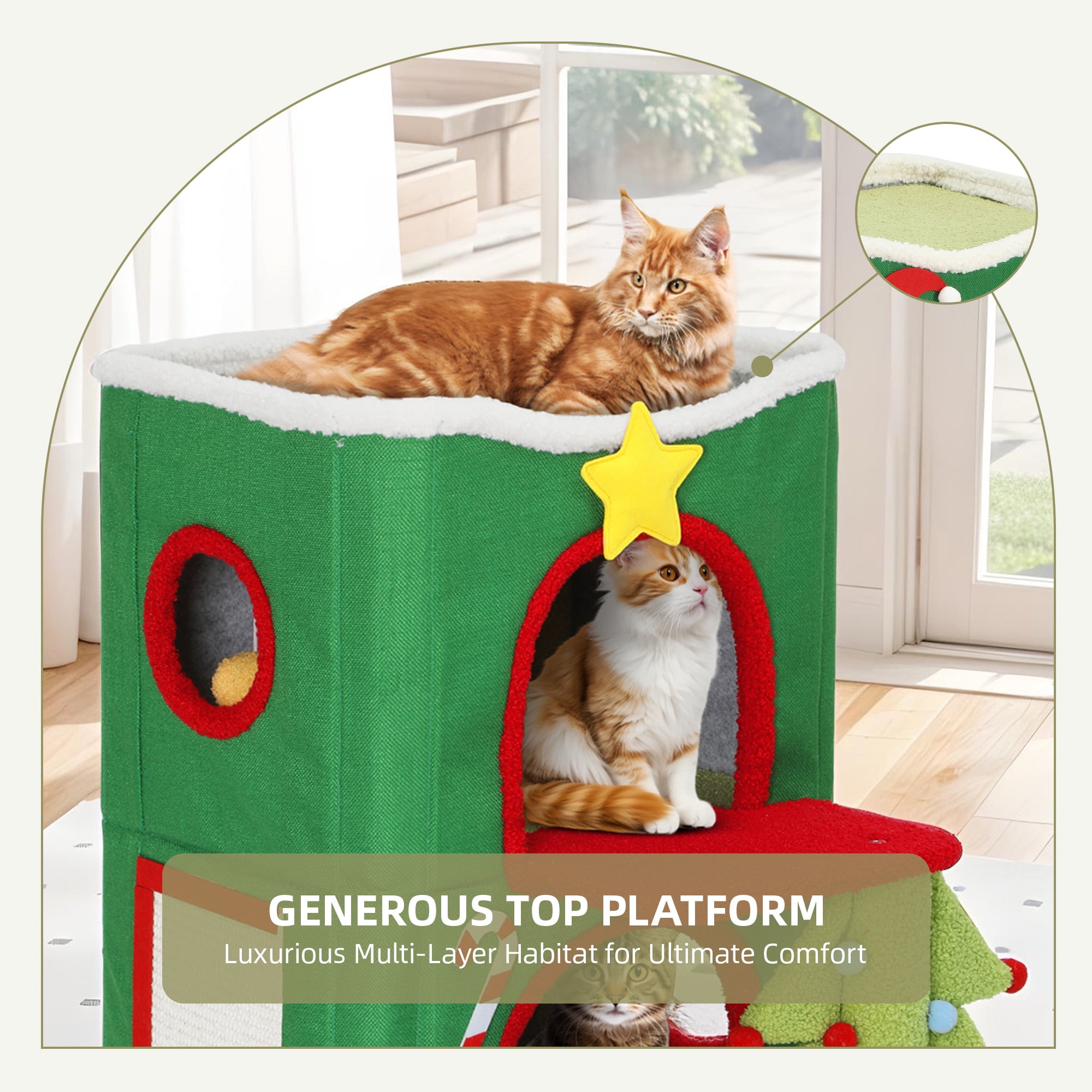Uforic 3-Level Christmas Cat House, Indoor Cat Play House with Scratching Posts & Hideaway Cave& Hanging Plush Balls, Green