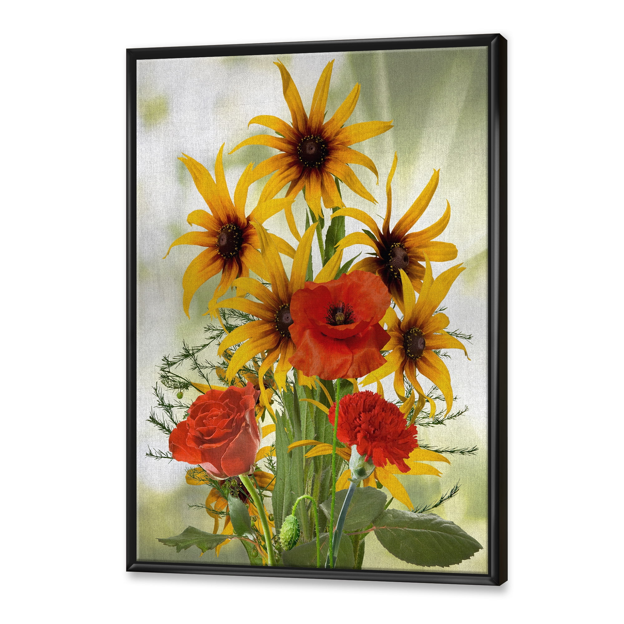 Designart 'Poppies and Sunflowers In The Wild' Traditional Framed Canvas Wall Art Print