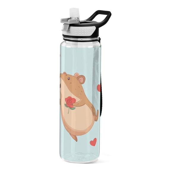 Cute Capybara Roses Hearts Valentine Transparent Sports Water Bottle with Straw BPA Free Tritan 32oz for Gym Camping