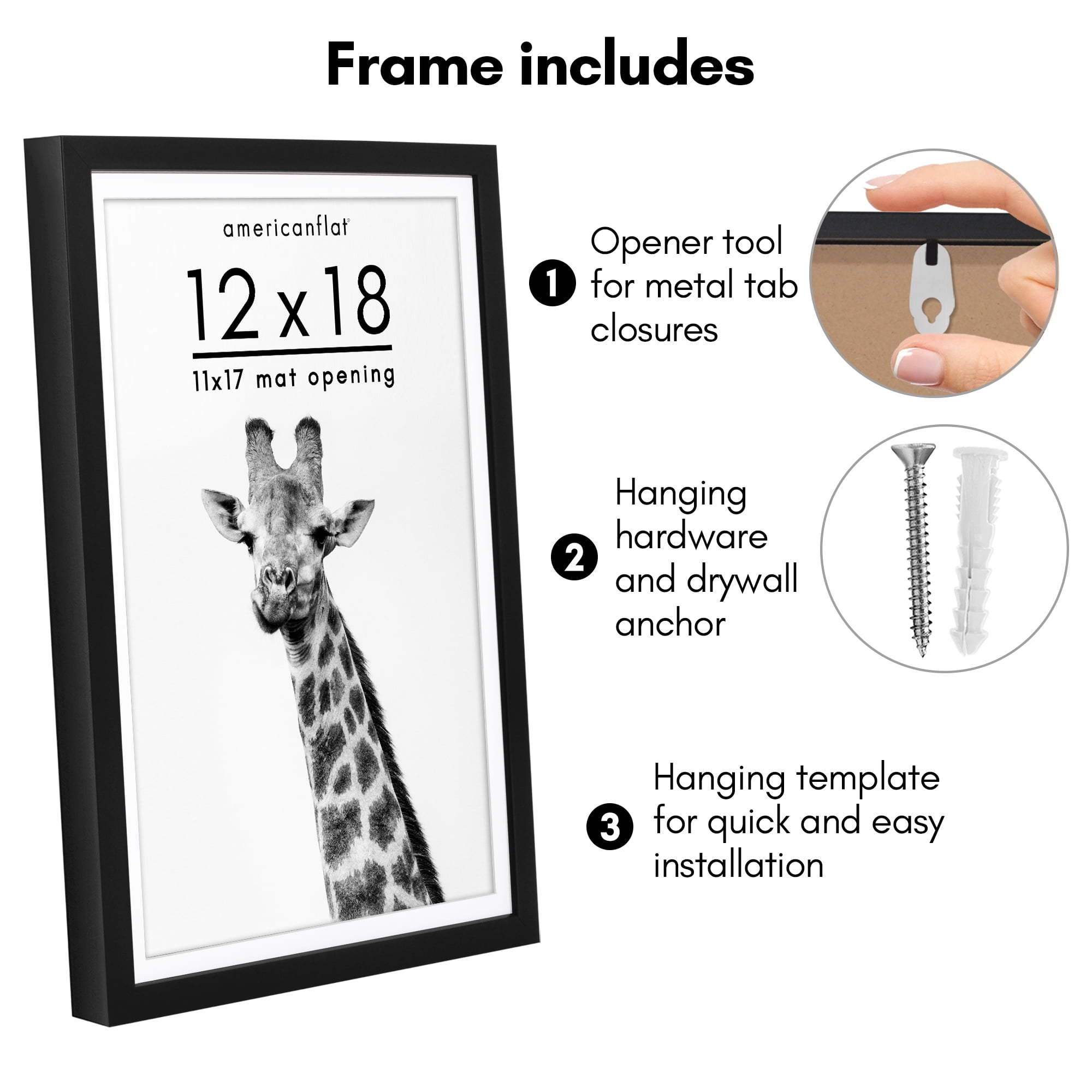 Americanflat 12x18 Poster Frame with Polished Plexiglass with 11x17 Mat Display Photo Soho Collection - Black