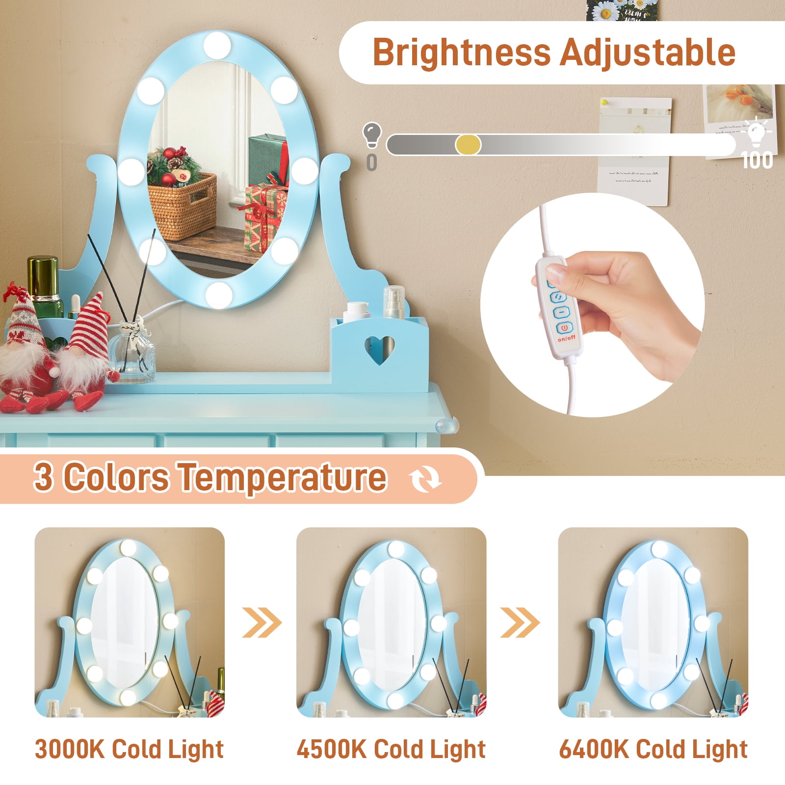 Ktaxon Kids Play Makeup Vanity Set with 3-Color Light, Girls Vanity Dresser Desk with Matching Stool, Light Blue