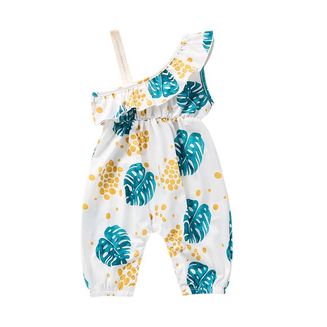 Gibobby pantalones siameses de pierna ancha Mono de verano para niñas pequeñas, mono con estampado de hojas con volantes para niños, mono de un hombro(Blanco, 3-6 Meses)