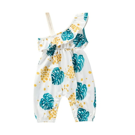 

Infant Baby Girls Summer Overalls Kids Ruffle Leaf Printed Romper Jumpsuit One Shoulder Bodysuit