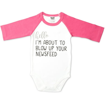 UPC: 0664843690035 | Pavilion – Hello I m About to Blow Up Your Newsfeed Pink Baby Girl 3/4 Long Sleeve Bodysuit 12-24 Months