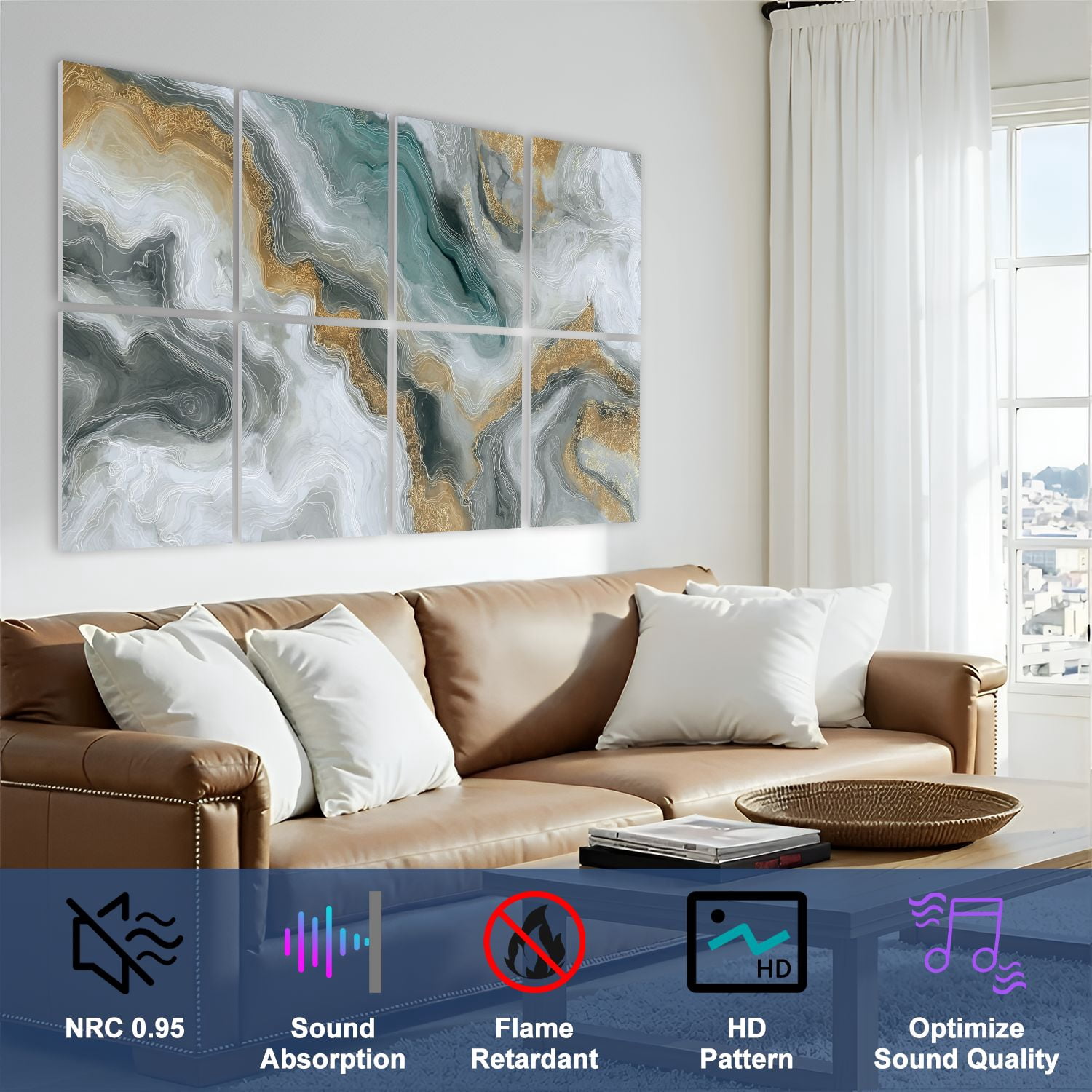 Marble 8 Pack Art Acoustic Panels Sound Absorbing white marble golden veins Abstract Decorative Soundproof Wall Panels Self Adhesive for Nursery Game Room Bedroom 48"x32"