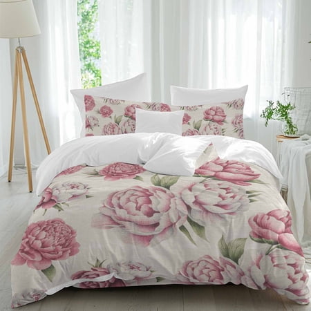 Vintage Pink Flower Queen Size Comforter Set, Watercolor Floral Green Leaf Plant Country Bedding for All Seasons, 4 Pcs Bed Set, 1Quiltcover (90"x92") ,1Sheet(94"x116"), 2Pillowcases (30"x20")