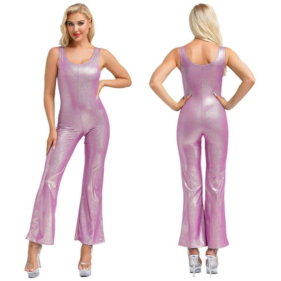 iixpin Women's Adult 70s Disco Outfit Halloween Sleeveless Flared Jumpsuit Long Bodysuit Costume Hot Pink 180