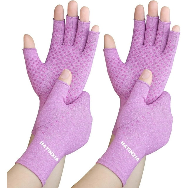 2 Pairs Arthritis Compression Gloves for Rheumatoid, Carpal Tunnel Pain, Hand Compression Gloves Fingerless for Typing, Work, Driving, Fit Women Men, Anti-Slip Dots (Purple, Large)