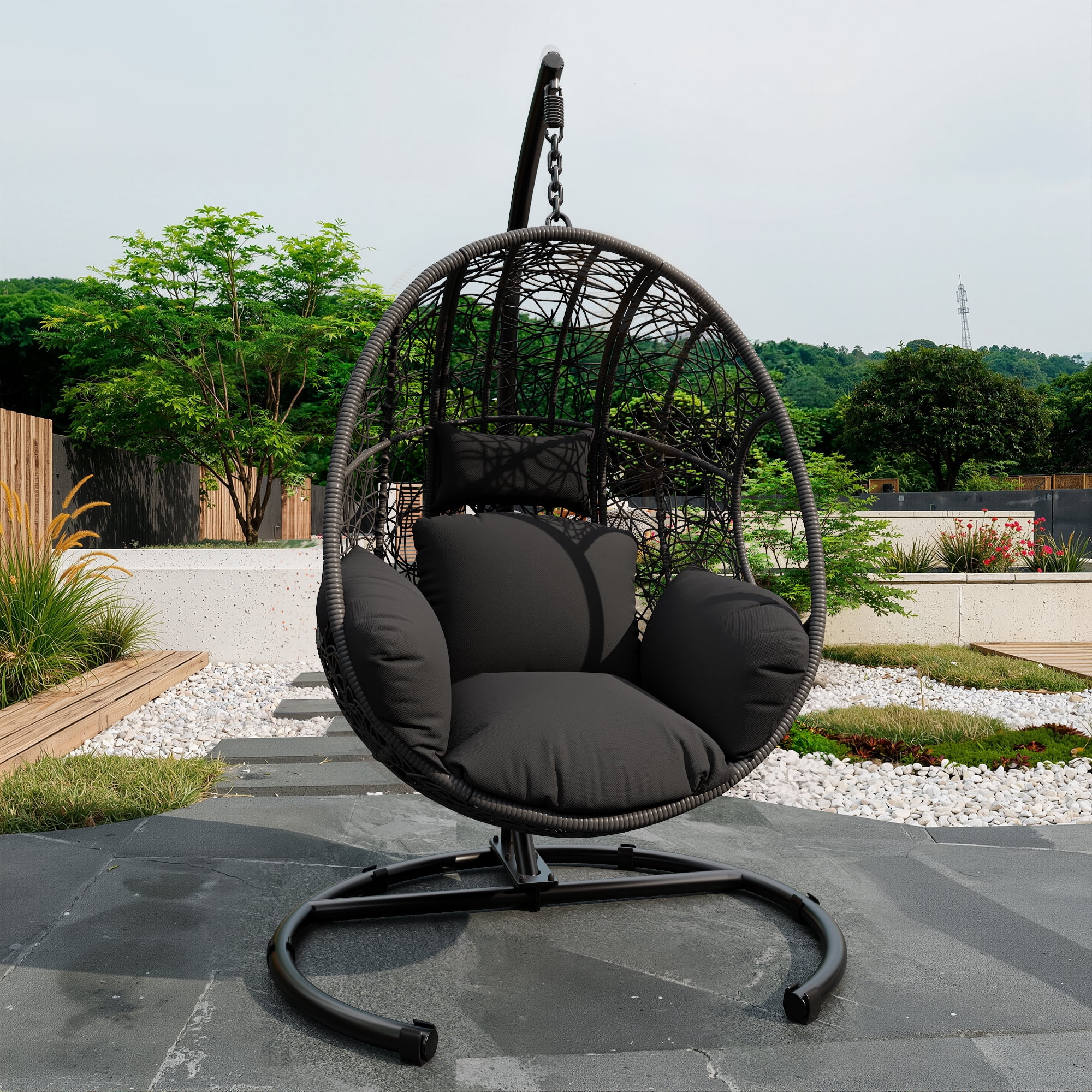avobird 42" Wide U-Base Hanging Egg Chair, Patio Swing with 8-Inch Cushion Weatherproof PE Rattan & Waterproof Cover, Suitable for use in outdoor gardens and on balconies, Gray