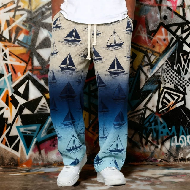 Ceisia Men's Gradient Sailboat Print Waffle-Knit Wide-Leg Sweatpants Contrast Drawstring Casual Pants Gifts