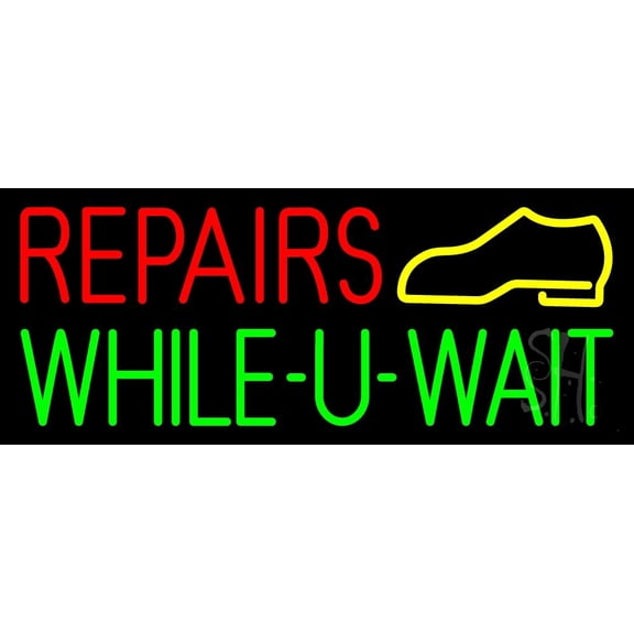 Red Repairs Green While You Wait LED Neon Sign 13 x 32 - inches, Black Square Cut Acrylic Backing, with Dimmer - Bright and Premium built indoor LED Neon Sign for store interior Décor, Storefront.