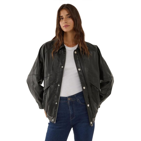 Oversized Faux Leather Jacket with Double Pockets