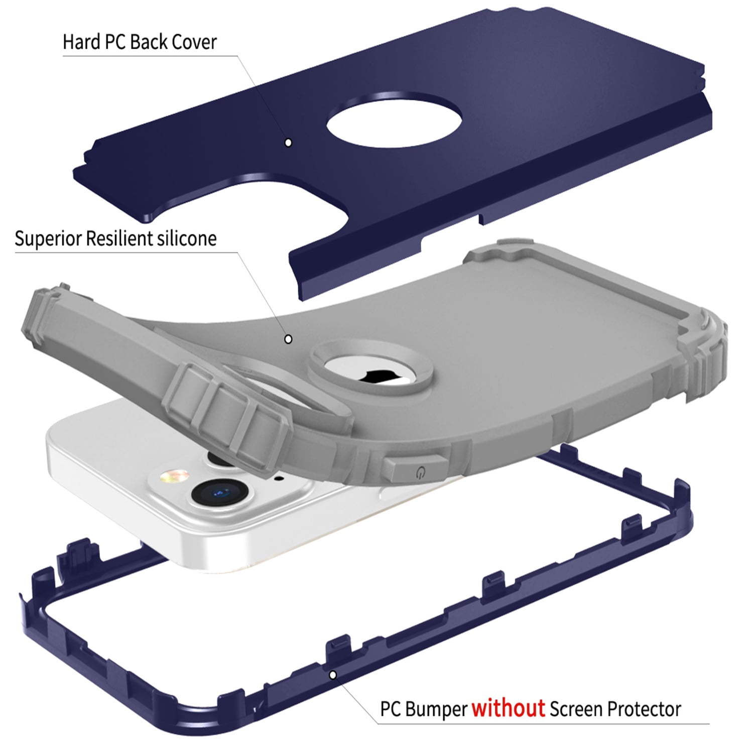 iPhone 14 Plus Case 6.7 inch 2022, Allytech Heavy Duty Hybrid Hard PC Back + Soft TPU Inner + Front PC Frame Drop Protection Case for iPhone 14 Plus 5G, Darkblue