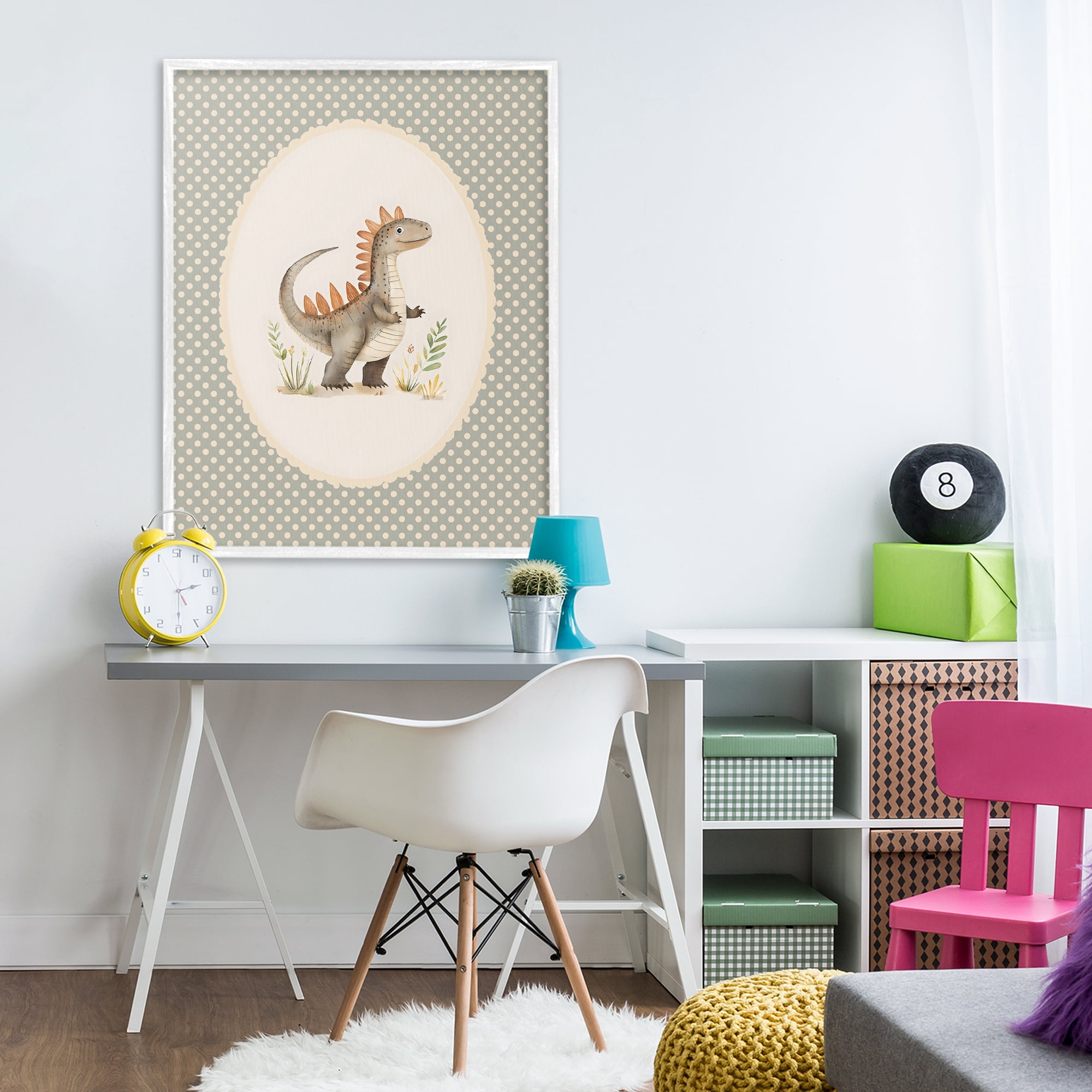 Stupell Industries Watercolor Dinosaur Polka Dot Border White Framed Giclee Art, design by LSR Design Studio