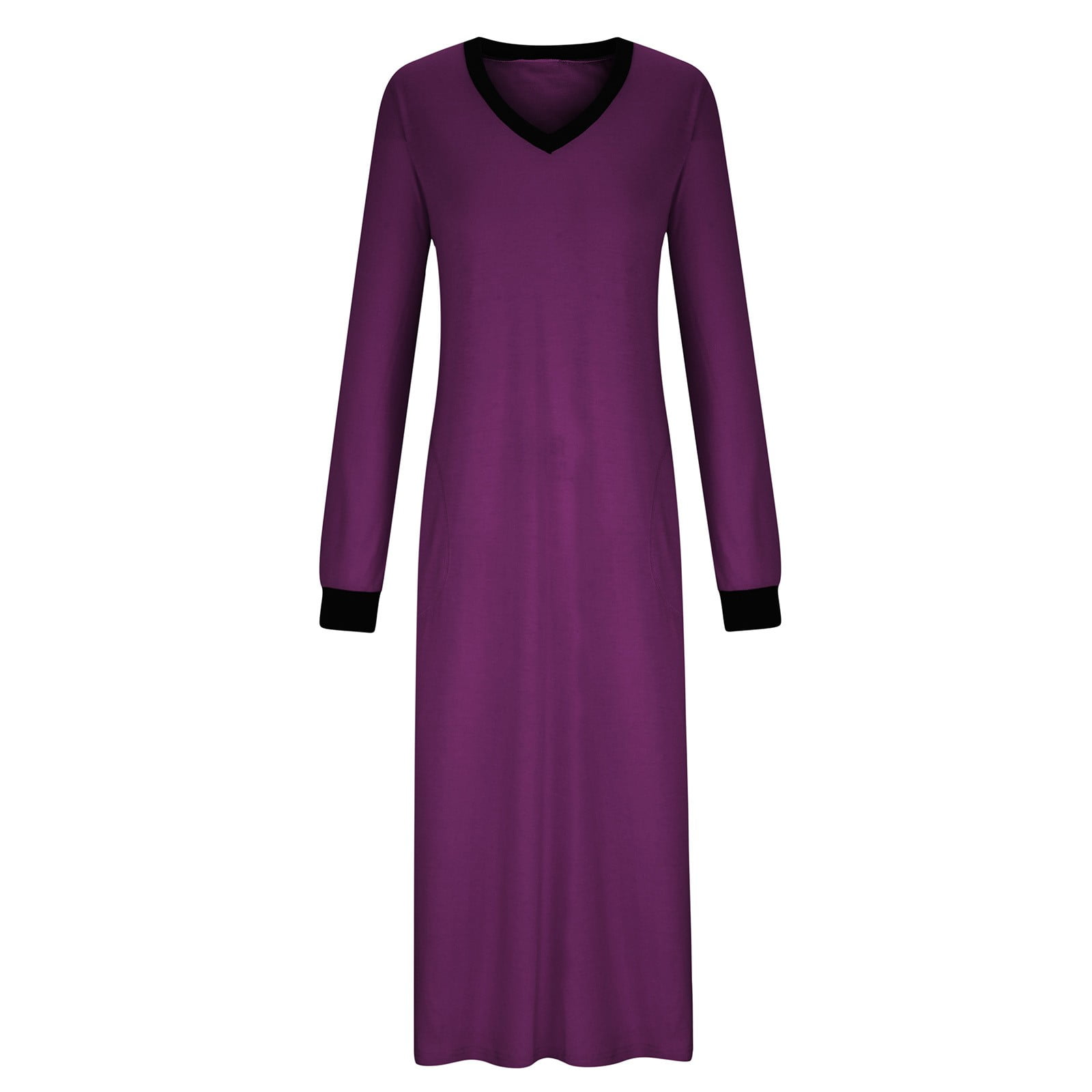 BiZtdJrK Women's Nightshirt Long Sleeve Nightgown Solid Casual V Neck Sleepwear Full Length Pajama Dress with Pockets Soft Loungewear Purple L