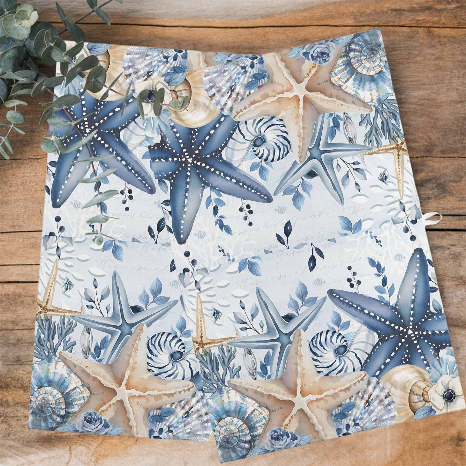Blue Starfish Coastal Kitchen Towels Set of 2, Water Absorbent Dish Towel, Eucalyptus Summer Nautical Shell Decorative Hand Towels - Quick Drying Cloth for Cooking Baking, 18x28 Inch