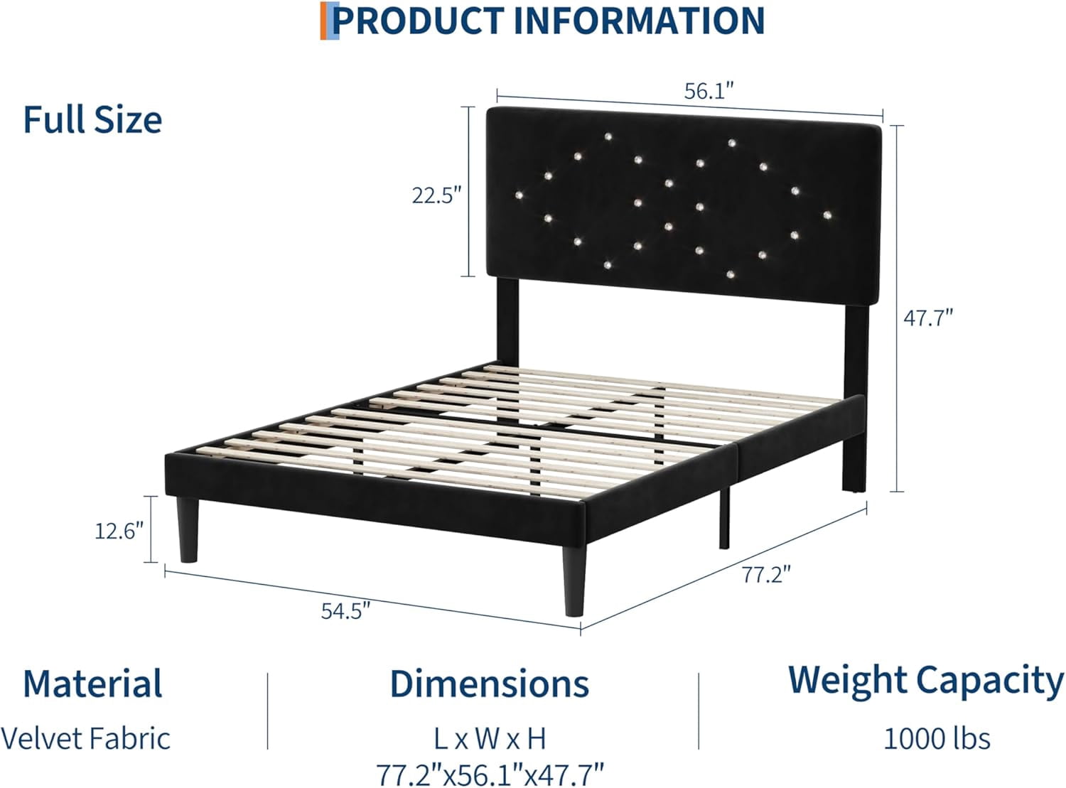 ChaoLink Full Bed Frame Velvet Upholstered Bed Frame with Tufted Headboard, Wood Slat Support, Noise-Free, Easy Assembly, No Box Spring Needed, Black