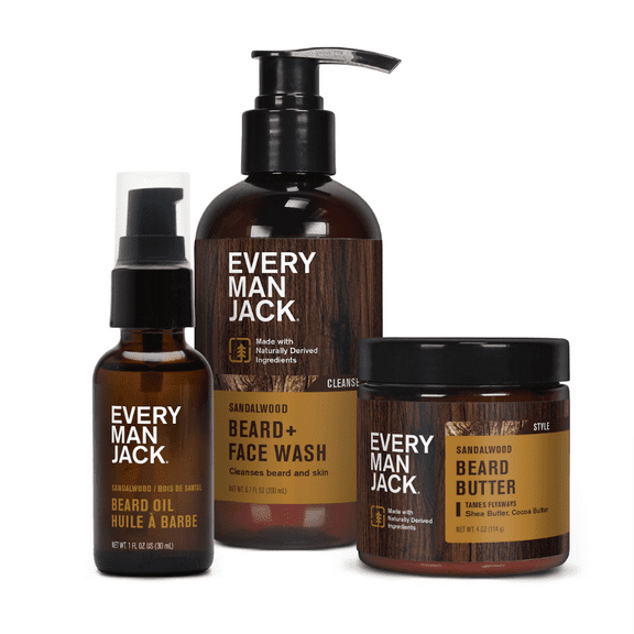 Every Man Jack Mens Sandalwood Beard Regimen Set - Beard & Face Wash, Beard Oil, & Beard Butter