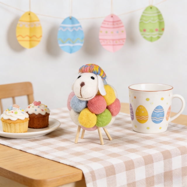 Rewenti Colorful Boho Lint Sheep Ornament Handmade Lamb Figurine Easter Decor Cute Lint Tabletop Accents Spring Rural Home Decoration Gift