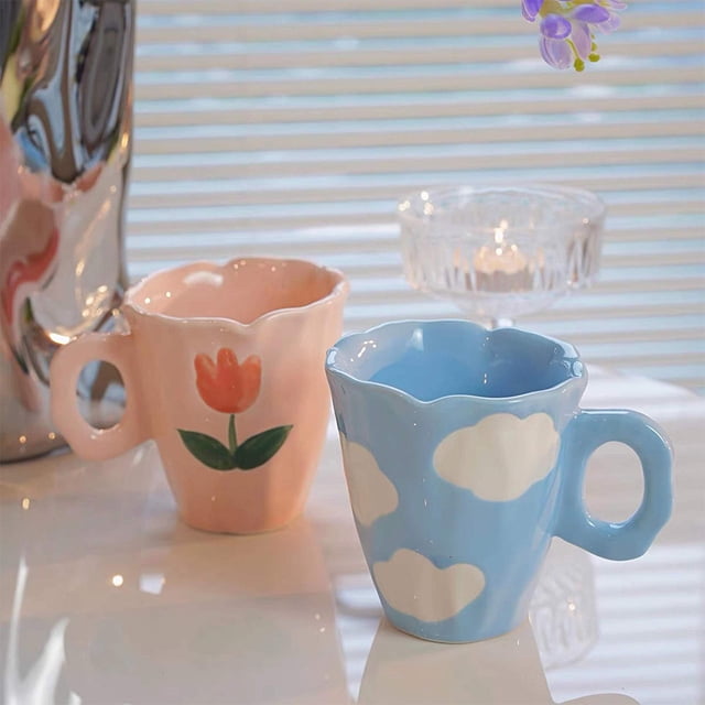 Handmade Ceramic Mugs Hand Painted and Cloud Irregular Coffee Cup for Tea Milk Creative Gifts Cup(Pink)